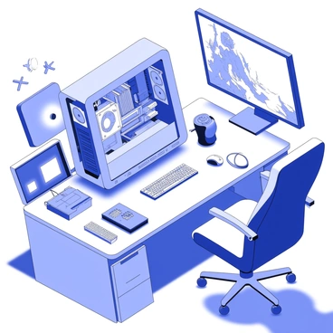 A high-end gaming computer is positioned on a sleek desk. The computer case features large transparent panels showcasing intricate internal components. The case is adorned with multiple LED lights, which create dynamic patterns across the surface. The desk is cluttered with gaming accessories, including a mechanical keyboard and a high-precision mouse. Surrounding the computer, the room is filled with shadows cast by the illumination from the LEDs. A large monitor displays a vivid gaming scene, enhancing the overall atmosphere. A cozy gaming chair is positioned nearby, ready for use.