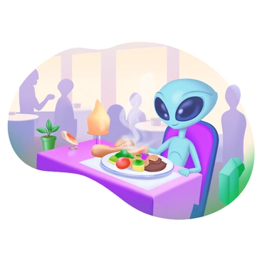 A cozy restaurant setting with warm lighting. An extraterrestrial being with large, expressive eyes sits at a small table. The ET looks mesmerized while gazing at a plate filled with colorful, delicious food that includes vibrant vegetables and a steaming dish. The table is adorned with a soft tablecloth, and there are decorative elements such as a small potted plant and a glowing candle nearby. The background features subtle details of other patrons enjoying their meals, enhancing the inviting atmosphere of the restaurant.