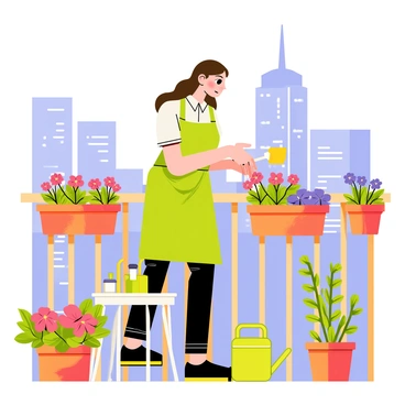 A woman with long brown hair wearing a green apron is tending to vibrant plants on a balcony garden. The balcony is adorned with various pots filled with colorful flowers such as red geraniums and purple petunias. Sunlight casts soft shadows on the wooden railing, and a small table nearby holds gardening tools and a watering can. In the background, city buildings rise, framed by a clear blue sky, providing a contrasting urban environment to the green oasis of the balcony.