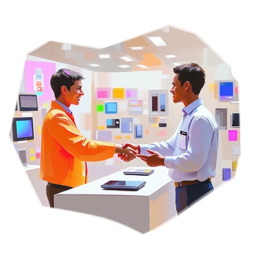 A customer with light skin and short hair is smiling as they shake hands with a salesperson, who has dark skin and is wearing a name tag. They are standing in an electronics store filled with various gadgets and devices displayed on shelves. The customer is holding a sleek new gadget in their other hand, while the salesperson is pointing to the gadget on the table. The atmosphere is bright and modern, with colorful screens and electronic devices in the background.
