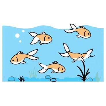 A group of goldfish swimming gracefully in a clear blue water environment. The goldfish display vibrant orange and white colors, with flowing fins that resemble delicate ballet costumes. They move in synchronized patterns, creating a visual rhythm as they glide through the water. Surrounding them are small aquatic plants and pebbles, adding to the serene underwater scene. The light filters through the water, casting gentle shadows on the ocean floor.