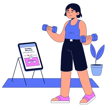 A person with short black hair is standing in a bright room, holding a pair of dumbbells at their sides. They are wearing a comfortable blue tank top and black workout shorts. In front of them is a tablet on a small stand showing a fitness app tutorial with clear instructions for "dumbbell bicep curls." The person is focused, with a determined expression as they prepare to follow the tutorial. The background features a simple, minimalistic design with a yoga mat on the floor and a potted plant in the corner.