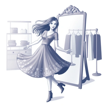 A fashionable customer is twirling in a new outfit. The outfit consists of a stylish dress adorned with various patterns. The customer has long hair flowing as she spins, capturing the movement of the fabric. She stands in front of a large, ornate mirror that reflects her image. The boutique has neatly arranged clothing on racks in the background, highlighting the shopping environment. Soft lighting illuminates the scene, creating a warm and inviting atmosphere.