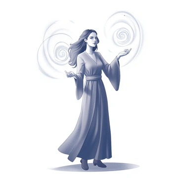 A sorceress stands with her arms raised, surrounded by swirling energy. She wears a long, flowing robe adorned with intricate patterns, and her hair billows around her as if caught in an unseen wind. Energy forms spiraling wisps that emanate from her hands, creating a dynamic display of light and motion. Her expression is focused, conveying the intensity of her concentration as she channels her magical power. The ground beneath her feet is slightly disturbed, hinting at the force of the spell being cast.