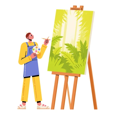 An artist standing on a small wooden stool is painting on a canvas. The canvas displays a colorful scene filled with lush green ferns. Sunlight streams through the tall trees above, casting dappled shadows on the forest floor. The artist has a palette filled with various shades of green, yellow, and brown. They are focused on capturing the intricate details of the ferns, while a gentle breeze rustles the leaves around them.