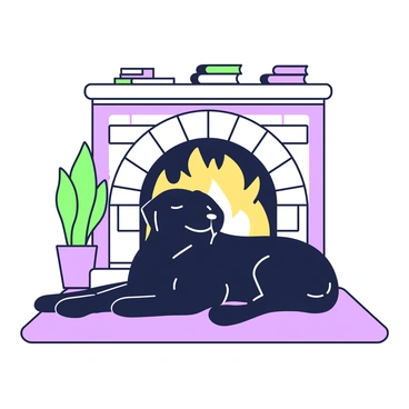 A black Labrador is lying comfortably on a soft rug in front of a warm, crackling fireplace. The dog has its eyes closed and appears relaxed, with its ears slightly flopped down. The fireplace is made of stone, with a wooden mantel above it. The flames dance, casting a gentle light around the room. In the background, there are hints of cozy decor, including a plant and a stack of books on a nearby table. The atmosphere conveys a sense of warmth and comfort in the setting.
