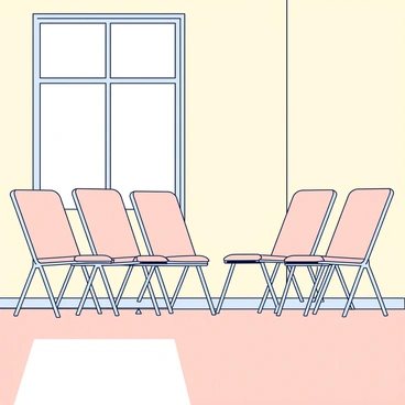 A stack of folding office chairs in a neutral tone, neatly arranged against a light-colored wall. The chairs are made of metal and fabric, with a simple design and no additional embellishments. The multi-purpose room is spacious, with a polished wood floor that reflects the natural light streaming in through a large window nearby. There are no other furnishings visible in the image, allowing the focus to remain on the stack of chairs.