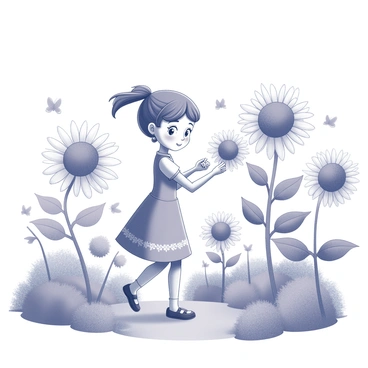 A cartoon girl with pigtails wearing a playful dress is walking through a flower garden. She is surrounded by oversized blooms, including large daisies and towering sunflowers. The girl is bending slightly to examine a flower closely, with her hands reaching out towards a particularly large blossom. The garden is filled with various shapes of flowers, creating a whimsical atmosphere. Butterflies can be seen fluttering around the flowers, enhancing the lively scene. The sky above the garden is clear, adding to the cheerful ambiance.