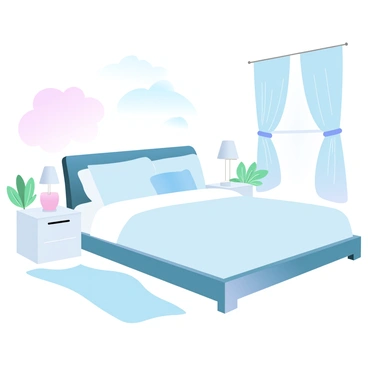 A bedroom filled with soft pastel colors, featuring light shades of pink, blue, and mint green on the walls. A neatly made bed with a fluffy white comforter and several pastel-colored pillows is positioned in the center of the room. On either side of the bed, there are minimalist nightstands with small lamps. A simple, elegant rug lies on the floor, complementing the color scheme. A few decorative plants are placed in the corners, adding a touch of nature to the space. Soft light filters in through sheer curtains, enhancing the gentle ambiance.