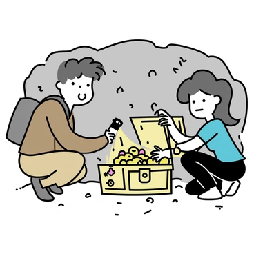 Two treasure hunters, a man and a woman, are crouching beside an ancient chest in a dimly lit cave. The chest, made of weathered wood with ornate metal clasps, is partially open, revealing a pile of gold coins and sparkling jewels inside. The man, wearing a rugged brown jacket and khaki pants, has a flashlight in hand illuminating the treasure. The woman, dressed in dark jeans and a green shirt, is reaching into the chest with excitement on her face. The cave walls are textured with rocky formations, and the ground is scattered with dirt and small pebbles.