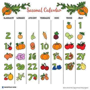 A large, colorful calendar illustrated with each month represented by seasonal foods. In January, there are fresh oranges and nuts. February displays vibrant strawberries and rhubarb. March features bright green asparagus and early spring peas. April showcases an array of colorful radishes and leafy greens. May highlights strawberries and peas in their pods. June is filled with ripe red strawberries and cherries. July presents sun-kissed tomatoes and cucumbers. August features a bounty of corn and blueberries. September displays plump apples and pumpkins just beginning to ripen. October presents vibrant pumpkins and colorful squashes. November shows hearty root vegetables like carrots and sweet potatoes. December highlights winter citrus fruits and nuts, with a festive touch. Each month is framed with intricate details, such as leaves and vines, surrounding the featured foods.