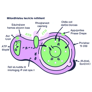 A detailed illustration of ATP synthesis in mitochondria during active transport. The mitochondrion is shown in cross-section, revealing its inner membrane and the folded structures known as cristae. Enzymes are depicted along the inner membrane, with ATP synthase clearly visible. A series of arrows indicates the movement of protons through the membrane, demonstrating active transport. The ATP molecule is illustrated being synthesized and released, with phosphate groups visible. On one side, there are electron carriers transferring electrons, while on the opposite side, ADP and inorganic phosphate are present, ready to be converted into ATP.