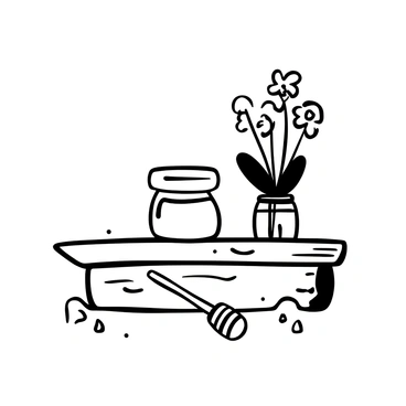 A jar of honey with a wooden lid placed on a rustic wooden table. Next to the jar, there is an arrangement of goldenrod flowers in a small mason jar. The flowers are tall and slender, with a bunch of small, bright clusters at the top. The table has a rough texture, showcasing the natural wood grains and knots. There is a small honey dipper resting beside the jar of honey.