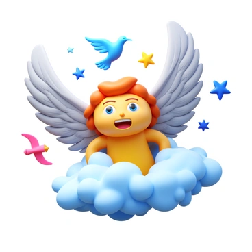 A depiction of "Icarus" with large, detailed wings made of feathers. His expression shows wonder and longing as he looks upward, surrounded by swirling clouds and vibrant colors. Various whimsical elements such as birds, stars, and abstract shapes float around him, enhancing the feeling of dreaming and flight. The scene conveys a sense of elevation, with Icarus slightly above the ground, expressing both hope and ambition.