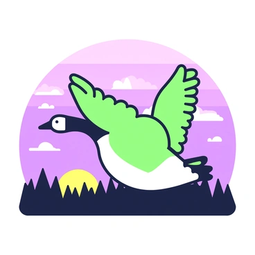 A Canada goose is depicted in silhouette, soaring gracefully against a backdrop of a sunset sky filled with various hues. The bird's wings are fully extended, showcasing its strong feathers. Below, the landscape features a distant line of trees, darkened by the setting sun. The sky transitions from deep purple at the top to lighter shades near the horizon, where the sun is partially hidden, casting a warm glow.