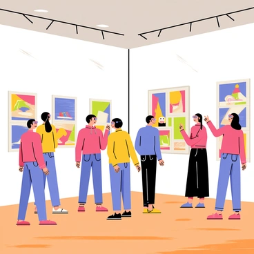 An art gallery exhibit filled with bright, colorful artworks displayed on the walls. Several visitors are present, each wearing unique blue and red 3D glasses, viewing various pieces of holographic art that seem to float above the frames. Some visitors are pointing and discussing the artworks, showing expressions of curiosity and amazement. The gallery has polished wooden floors and soft, ambient lighting that highlights the vibrant colors of the holographic displays.