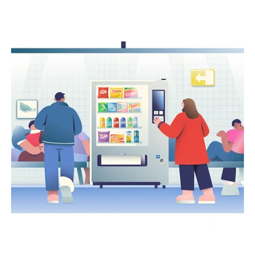 A vending machine with a sleek silver exterior is positioned in a busy metro station. The front of the machine features a large glass window displaying an assortment of colorful snacks and drinks. Inside, there are bags of chips in bright packaging, chocolate bars, and cans of soda with vibrant labels. Travelers are seen approaching the machine, a man with short black hair wearing a blue jacket, and a woman with long brown hair in a red coat. The background includes visible metro station elements, such as a tiled wall with directional signs and benches occupied by commuters. Soft overhead lighting illuminates the scene, enhancing the urban atmosphere of the station.