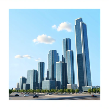 A modern city skyline featuring a collection of skyscrapers designed to resemble growing bar charts. Each building has a unique height and width, reflecting the ascending values of a bar chart. The structures are made of glass and steel, reflecting the sunlight with a shiny, polished exterior. The background displays a clear blue sky, while a few clouds are scattered across it. The ground level has a bustling street with small cars and pedestrians visible, adding a sense of scale to the towering structures above.