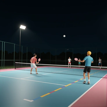 A night scene featuring a pickleball court illuminated by bright floodlights. The court is surrounded by tall fences, with a clear dark sky in the background. Two players are engaged in an active match; one player, wearing a blue shirt and black shorts, is positioned to hit the ball, while the other player, dressed in a red shirt and white shorts, is ready to receive. Their paddles are raised, and they are focused on the ball mid-air. The court surface is in excellent condition, and colorful pickleball lines are visible on the ground. Spectators can be seen in the background, enjoying the lively atmosphere.