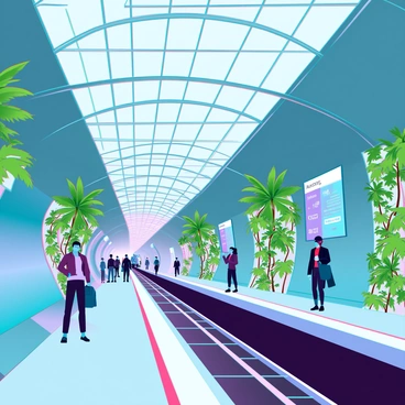 A futuristic subway station with sleek metallic walls and an expansive glass ceiling. Lush green plants and small trees are integrated into the design, creating a vibrant atmosphere. The plants are arranged in vertical gardens along the walls, while small trees are strategically placed throughout the platform area, their leaves forming a natural canopy. Soft, ambient lighting illuminates the space, highlighting the contrast between the greenery and the modern architecture. Commuters in stylish outfits are seen waiting for trains, some interacting with digital information screens that display transit information.