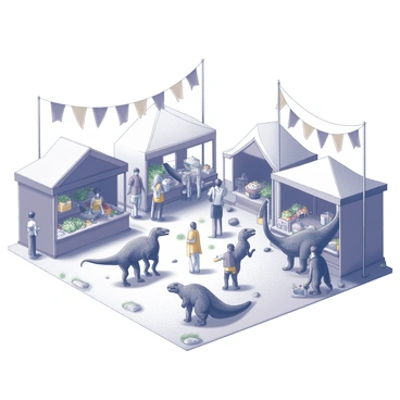 A lively marketplace with numerous stalls and tents. Humans, dressed in colorful garments, are engaged in trades with various dinosaurs of different sizes and shapes. Some dinosaurs have large, rounded bodies while others are slender and tall. Stalls display a variety of goods, including fruits, vegetables, and handmade crafts. The ground is uneven, with scattered stones and patches of grass. Dinosaurs are interacting with humans, some using their tails to help lift goods, while others are curiously exploring the items on display. Brightly decorated banners hang above the scene, fluttering gently in the breeze.