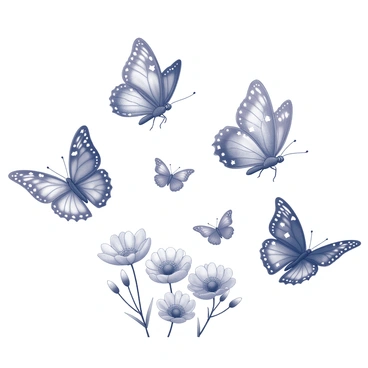 A group of butterflies in flight, each butterfly showcasing intricate wing patterns that resemble a starry night sky. The wings are adorned with small white specks symbolizing stars and a crescent shape representing the moon. The butterflies are captured mid-air, with their wings fully spread, revealing the detailed designs. Some of the butterflies are hovering close to vibrant flowers, while others are soaring higher against an open background, creating a dynamic sense of movement. The scene captures the enchanting beauty of nature.