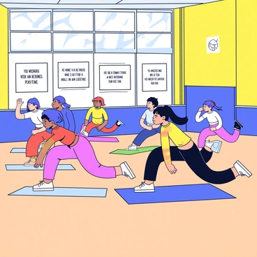 A group of students performing burpees in a spacious school gym. The gym has wooden floors and bright, colorful walls. Motivational posters with inspirational quotes are displayed prominently on the walls. Each student is wearing athletic clothing and is engaged in the exercise, with some in mid-jump and others in a push-up position. The atmosphere is energetic, with a few exercise mats laid out on the floor. Sunlight streams in through large windows, illuminating the scene.
