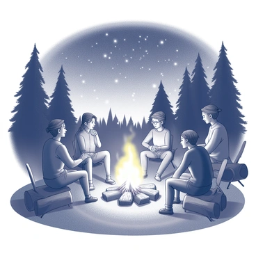 A group of campers are gathered around a campfire. They are sitting on logs and campsite chairs, with the flames of the fire casting flickering shadows on their faces. The campers are engaged in conversation, some leaning forward with interest, while others are relaxing and enjoying the warmth of the fire. Above them, a starry night sky is filled with numerous stars, creating a captivating backdrop to the scene. The silhouettes of tall trees frame the gathering, enhancing the outdoor atmosphere of the campsite.