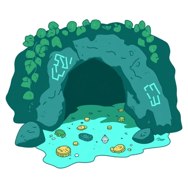 A teal cave entrance is partially obscured by lush green vines. The walls of the cave are adorned with intricate glowing "ahki" markings, casting a bluish light on the rocky surface. Inside the cave, various hidden treasures are scattered on the ground, including golden coins, sparkling gemstones, and ancient artifacts, all glinting softly in the mystical light. The overall atmosphere is one of intrigue and discovery, inviting exploration of the cave's depths.