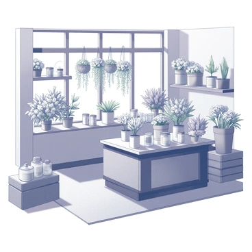 A flower shop filled with a variety of potted plants and cut flowers on display. The shop features wooden shelves and rustic wooden crates, showcasing an array of blooms in different shapes and sizes. There are bouquets wrapped in brown paper, neatly arranged in glass vases, and hanging plants cascading from the ceiling. A wooden counter is positioned at the front with jars of floral supplies and tools. Soft light filters through the front windows, casting gentle shadows across the floor.