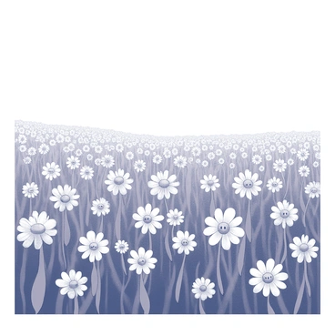A vast field filled with an abundance of flowers. Each flower has a distinct shape and size, with vibrant petals fanning outwards. In the center of each flower, there is a "smiley face" that adds a playful touch to the scene. The flowers are scattered across the field in a seemingly random pattern, creating a lively, joyful environment. The sky above the field is clear and bright, complementing the cheerful atmosphere of the flower-filled landscape.