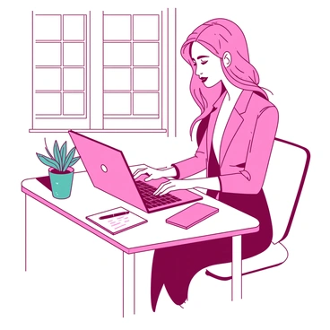 A pink stylish girl is seated at a white desk in a modern office. She is wearing a fitted tailored blazer and a matching pencil skirt. Her long hair is neatly styled, and she is focused on her work, typing on a sleek laptop. On the desk, there is a small teal potted plant and a white notepad with a pen resting on it. The office has large windows allowing natural light to brighten the space, highlighting her professional appearance.