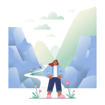 A narrow, winding path is leading up to a steep cliff, with rugged rocks on either side. The sky above is filled with soft clouds in pastel tones, casting gentle shadows on the ground. On the path, there is a character with medium skin and shoulder-length brown hair, wearing a light blue jacket over a white shirt and dark jeans. The character stands with their hands on their hips, looking toward the edge of the cliff, displaying an expression of uncertainty. A few wildflowers are growing along the sides of the path, adding subtle splashes of color to the scene.