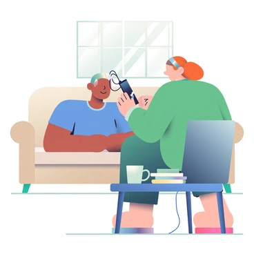 A family member assisting another with a portable EEG device at home