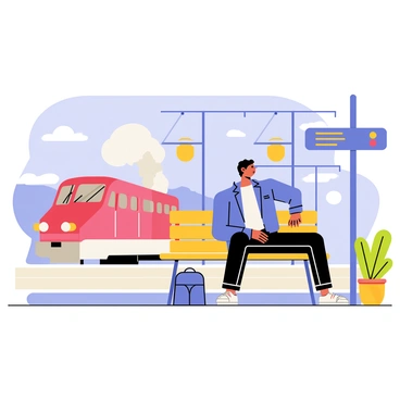 A person wearing a blue jacket and black jeans sits on a wooden bench at a train station. The bench has a metallic frame, and the person has a backpack resting beside them. A red and white train is leaving the station in the background, with a cloud of steam billowing out as it departs. The platform is lined with metal poles supporting an overhead sign displaying the train schedule. There are potted plants and a clear blue sky above, adding to the scene.