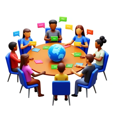 A diverse group of people sitting around a table, each engaging with colorful flashcards displaying vocabulary words in various languages. Some individuals are holding a globe, pointing at different countries while discussing language origins. The group consists of individuals with varying skin tones, hairstyles, and clothing styles, showcasing a mix of cultures. Flashcards are scattered across the table, and a few people are actively practicing speaking with one another, creating an atmosphere of collaboration and learning.