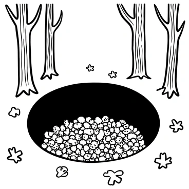 A hollow in the ground filled with layers of fallen leaves, creating a textured surface of varying sizes and shapes. The leaves are arranged in dense clusters, some crumpled and others still retaining their natural form. Surrounding the hollow, several tall trees tower above, their trunks marked with deep grooves and their branches bare, reaching out like skeletal fingers. The ground around the hollow is scattered with additional leaves, creating a frame that emphasizes the depth of the hollow.