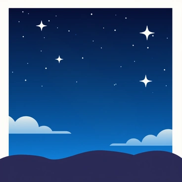 A clear night sky is filled with deep blue and black hues, showcasing the vastness of the universe. Five prominent stars, bright and twinkling, are scattered across the sky, each radiating a subtle white glow. The stars vary slightly in size, providing a sense of depth. The backdrop features a few wispy clouds, adding texture to the scene without obscuring the stars. The landscape below is silhouetted against the night sky, creating a stark contrast that enhances the brilliance of the twinkling stars.