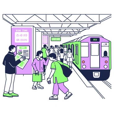 A bustling subway station filled with numerous commuters hurrying to catch their trains. On the left, a man in a dark jacket is checking the arrival times on a digital display. Next to him, a woman carrying a large bag is looking at a map. In the center, a group of people is waiting near the platform, with one person holding a coffee cup. A train is pulling into the station, its doors open with people preparing to board. The architecture of the station features high ceilings and metal beams, enhancing the atmosphere of movement and activity.