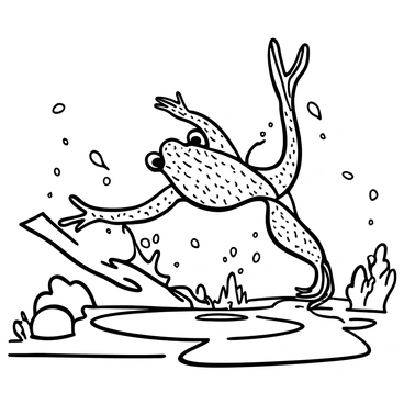 A frog with detailed skin texture and large eyes is poised on a jagged rock at the edge of a body of water. The frog is mid-leap, with its legs extended and its body angled downward, showcasing its dynamic action. Water splashes up around its webbed feet as it dives into the water, creating ripples and droplets that scatter in various directions. The background features a few rocks and some sparse vegetation, emphasizing the frog's movement and the excitement of the moment, all rendered in bold black and white lines.