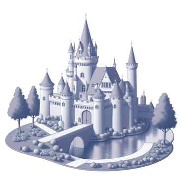A towering fairytale castle with high spires and intricate stonework. The castle features large, arched windows and a grand entrance with double wooden doors. Surrounding the castle is a wide moat filled with still water, reflecting the castle's structure. Lush gardens encircle the moat, filled with various plants and shrubs, meticulously arranged along winding pathways. In the foreground, a stone bridge arches over the moat, leading to the castle gates. The scene is framed by trees, adding to the enchanting atmosphere of the setting.