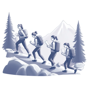 A group of four individuals hiking up a rocky mountain trail. Each person displays an athletic build, wearing outdoor gear suitable for hiking. The first person takes the lead, climbing confidently, while the second person, slightly behind, is glancing at a map. The third individual is focused on the path ahead, while the fourth person brings up the rear, smiling and carrying a backpack. Tall trees and boulders line the trail, adding to the natural landscape. In the background, a mountainous view is visible, enhancing the sense of adventure.