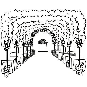 A wedding ceremony set in a vineyard, surrounded by rows of grapevines. A beautifully adorned altar is positioned at the center, decorated with various floral arrangements. Elegant white chairs are lined up on either side of an aisle, leading up to the altar. Lush green leaves from the grapevines create a natural canopy overhead, providing an intimate atmosphere. There are clusters of grapes hanging from the vines, adding to the vineyard setting. Decorative elements include ribbons and small lanterns hanging from the chairs along the aisle.