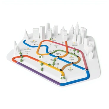 A detailed schematic of a subway system featuring various colored lines representing different routes. The lines intersect at multiple points, indicating interchanges, with clear labels for each subway station. The overall layout includes a stylized representation of the city with minimalistic landmarks to provide context. The color scheme is vibrant, with each line distinctly colored to enhance readability and navigation. Additional visual elements include directional arrows along the lines to indicate route flow.