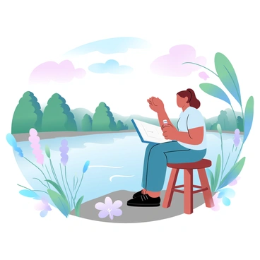 A sketch artist is seated on a small wooden stool by the water's edge. The artist has an open sketchbook on their lap, a pencil in hand, and is focused on drawing the delta landscape. Tall grasses sway gently in the breeze around the artist, and various plants and wildflowers are visible in the foreground. In the background, the water reflects pastel tones of blue and pink from the sky, with gentle ripples creating a tranquil scene. Lush green trees line the banks of the delta, adding depth and richness to the landscape.
