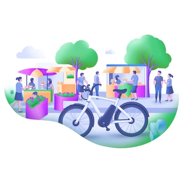 An electric bike is gliding smoothly along a lively urban promenade. The bike has a sleek design, with a modern frame and a shiny metallic finish. Surrounding the bike are groups of people engaged in various activities, such as walking, chatting, and enjoying their time outdoors. Colorful street vendors can be seen in the background, selling snacks and drinks. Trees line the promenade, providing shade, and vibrant flower beds add pops of color to the scene. Some people are sitting on benches, while others are strolling with coffee cups in hand. The atmosphere is energetic and dynamic, capturing the essence of a bustling city life.