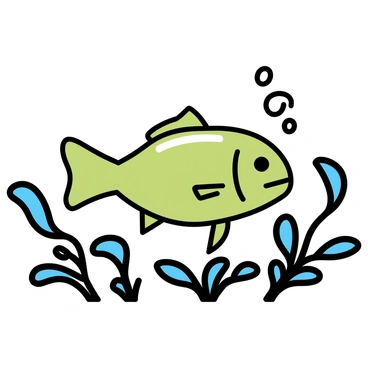 A green bass fish, with shiny scales reflecting light, weaving through a dense patch of dark green seaweed. The seaweed consists of various shapes and lengths, creating a textured underwater landscape. The fish moves gracefully among the seaweed, its fins extended and tail flicking as it navigates through the foliage. Bubbles rise around the fish, adding to the lively underwater scene.