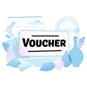 A home decor voucher is displayed prominently in the center of the image. Surrounding the voucher are several elegant vases in various shapes and sizes, showcasing soft pastel colors. A few decorative cushions with intricate patterns are placed artistically nearby. The background features a minimalist living room setting, characterized by clean lines and a harmonious arrangement of furniture, including a simple couch and a coffee table. Natural light filters in through a window, creating a warm and inviting atmosphere.