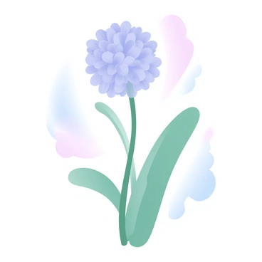 A single allium flower stands prominently in the center of the image. The flower features a spherical cluster of tiny purple blossoms that create a fluffy appearance. Surrounding the allium are smooth, elongated green stems, gracefully arching. The background consists of soft, blended gradient pastel colors that enhance the delicate nature of the flower. Gentle hues of lavender, pink, and light blue seamlessly merge, creating a tranquil atmosphere around the allium.
