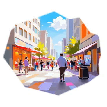 An illustrator is seen actively sketching a bustling street scene in Toronto. The scene features a variety of shops with colorful storefronts and large windows displaying merchandise. Pedestrians of diverse backgrounds walk along the sidewalk, some stopping to browse the shops while others engage in conversation. A street performer is entertaining a small crowd nearby, adding to the lively atmosphere. Tall buildings loom in the background, and the sky above is a bright blue, dotted with a few fluffy white clouds. The illustrator is positioned at an angle that allows for a dynamic view of the street and its vibrant activity.